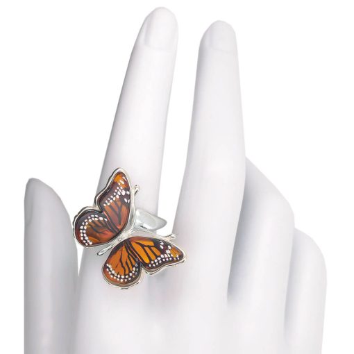 Monarch Butterfly Cameo Amber Silver Adjustable Ring - Image 2
