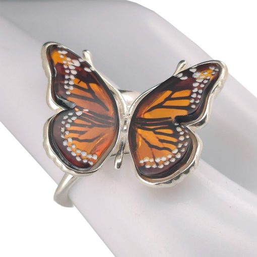 Monarch Butterfly Cameo Amber Silver Adjustable Ring