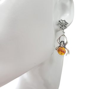 Spider Cognac Amber Silver Post Dangle Earrings