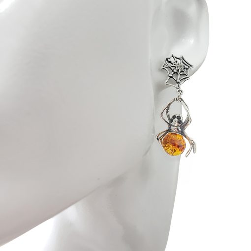 Spider Cognac Amber Silver Post Dangle Earrings