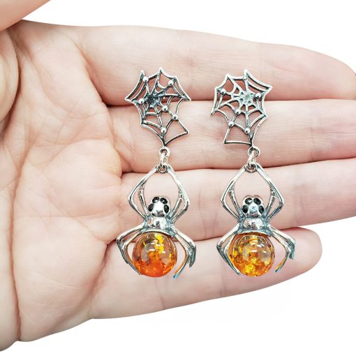 Spider Cognac Amber Silver Post Dangle Earrings - Image 3