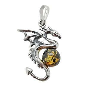 Green Amber Silver Dragon Pendant