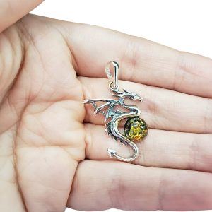 Green Amber Silver Dragon Pendant