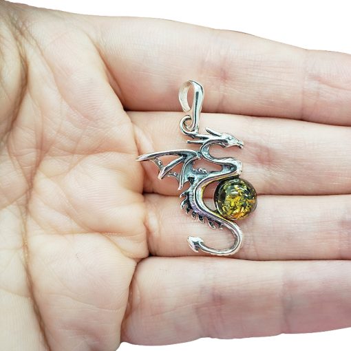 Green Amber Silver Dragon Pendant - Image 2