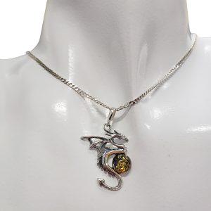 Green Amber Silver Dragon Pendant