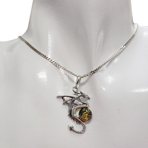 Green Amber Silver Dragon Pendant