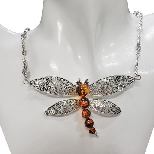 Cognac Amber Sterling Silver Dragonfly Necklace