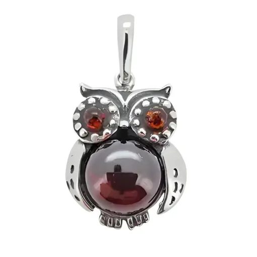 Owl Cherry Amber Silver Pendant