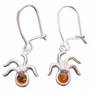 Octopus cognac amber sterling silver earrings on hooks