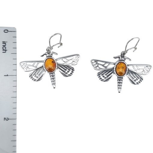 Amber Sterling Silver Dragonfly Earrings On Hooks - Image 3