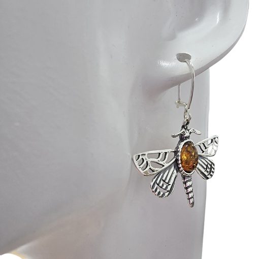 Amber Sterling Silver Dragonfly Earrings On Hooks - Image 2
