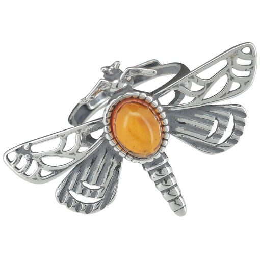 Amber Sterling Silver Dragonfly Adjustable Ring - Image 4