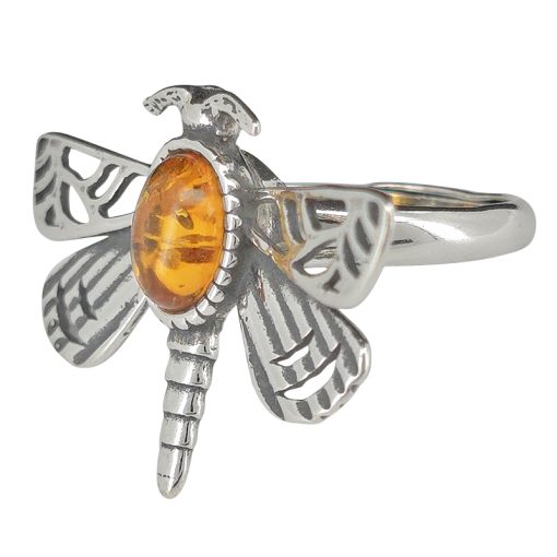 Amber Sterling Silver Dragonfly Adjustable Ring