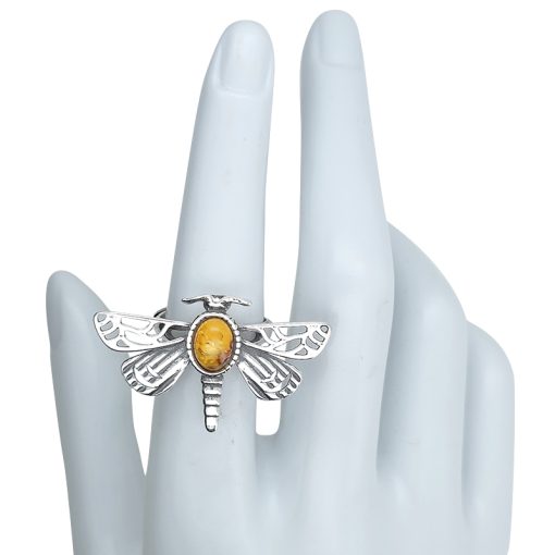 Amber Sterling Silver Dragonfly Adjustable Ring - Image 3