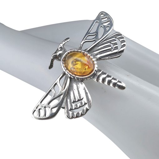 Amber Sterling Silver Dragonfly Adjustable Ring - Image 2