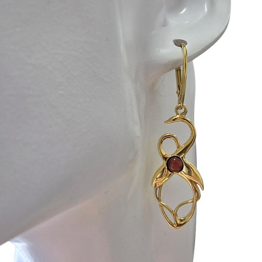Amber Gold Plated Silver Flamingo Earrings On Hooks - Image 2