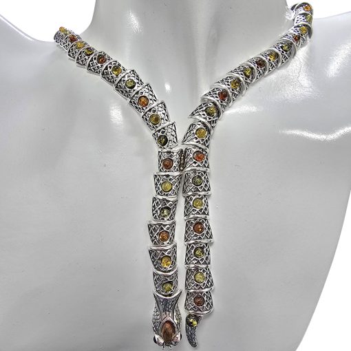 Multi Color Amber Sterling Silver Snake Necklace - Image 2