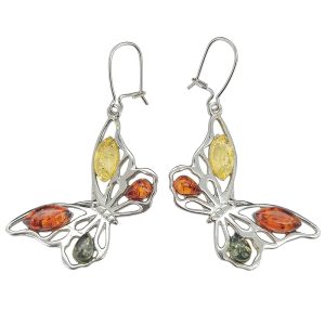 Multi Color Amber Sterling Silver Earrings On Hooks