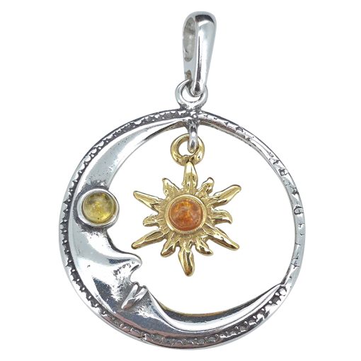 Amber Gold Plated Sterling Silver Moon Dangling Sun Pendant