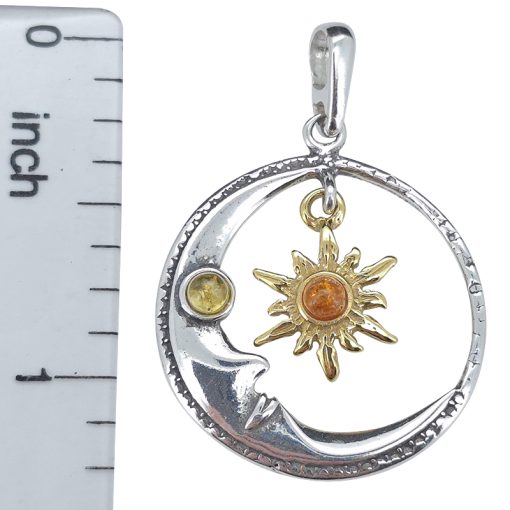 Amber Gold Plated Sterling Silver Moon Dangling Sun Pendant - Image 3