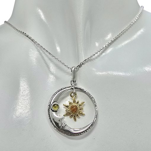 Amber Gold Plated Sterling Silver Moon Dangling Sun Pendant - Image 2