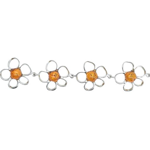 Cognac Amber Sterling Silver Flowers Link Bracelet - Image 4