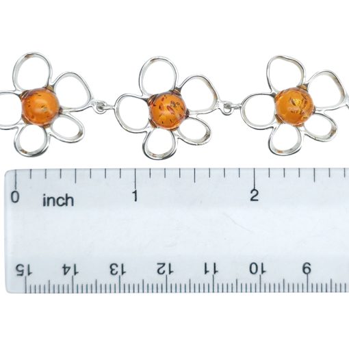 Cognac Amber Sterling Silver Flowers Link Bracelet - Image 3