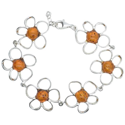 Cognac Amber Sterling Silver Flowers Link Bracelet