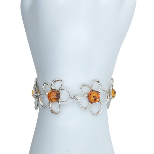 Cognac Amber Sterling Silver Flowers Link Bracelet - Image 2