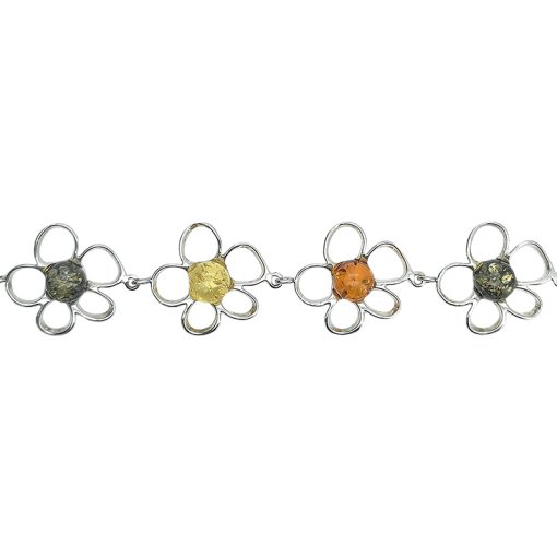 Multi-Color Amber Sterling Silver Flower Link Bracelet - Image 4