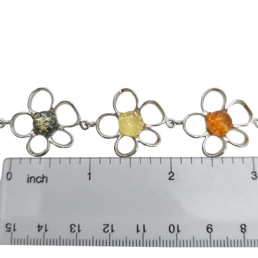 Multi-Color Amber Sterling Silver Flower Link Bracelet - Image 3
