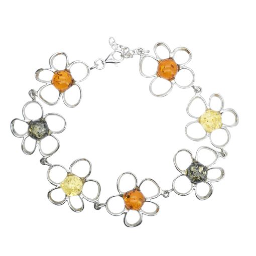 Multi-Color Amber Sterling Silver Flower Link Bracelet
