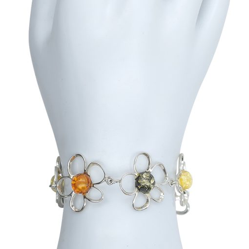 Multi-Color Amber Sterling Silver Flower Link Bracelet - Image 2