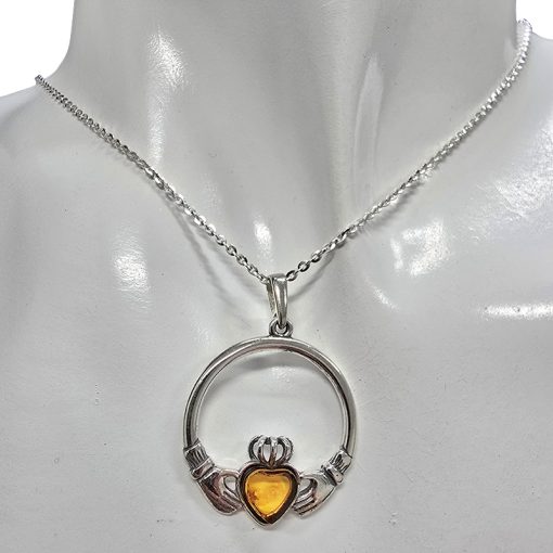 Amber Sterling Silver Claddagh Hoop Pendant - Image 2