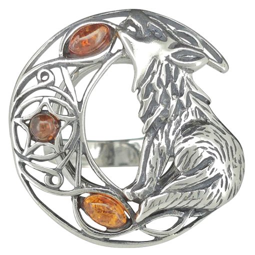 Wolf On The Moon Cognac Amber Silver Ring