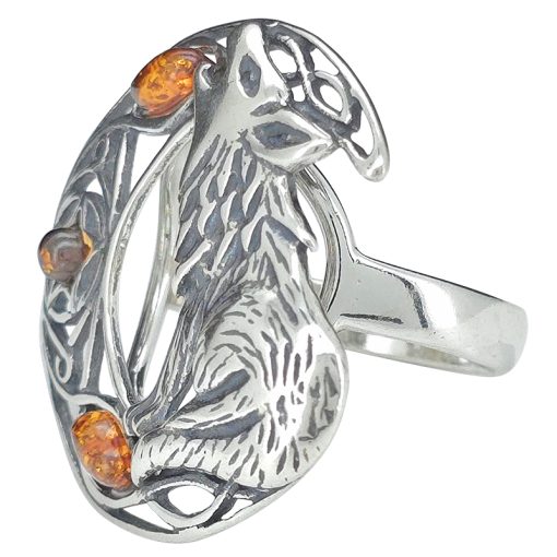 Wolf On The Moon Cognac Amber Silver Ring - Image 3
