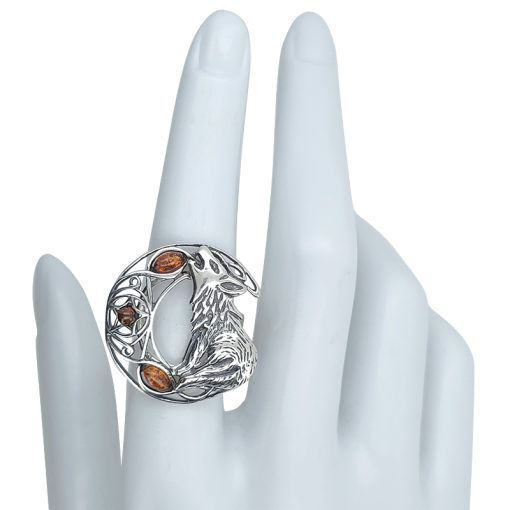 Wolf On The Moon Cognac Amber Silver Ring - Image 2