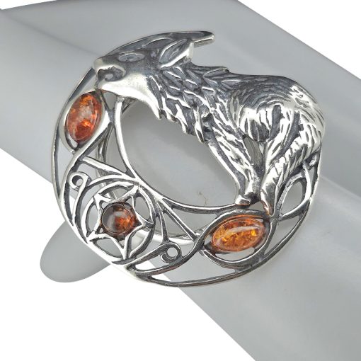 Wolf On The Moon Cognac Amber Silver Ring