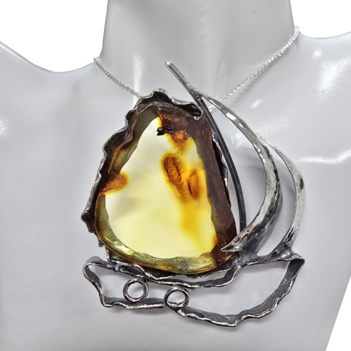 Natural Amber Sterling Silver Handmade Ship Pendant