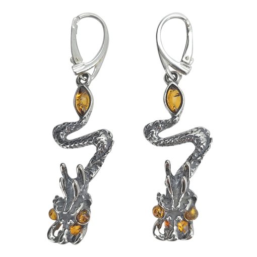Amber Sterling Silver Dragon Earrings On Hooks