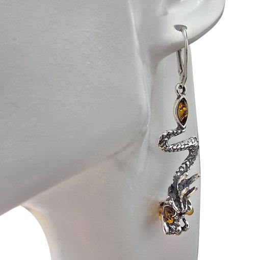 Amber Sterling Silver Dragon Earrings On Hooks - Image 2