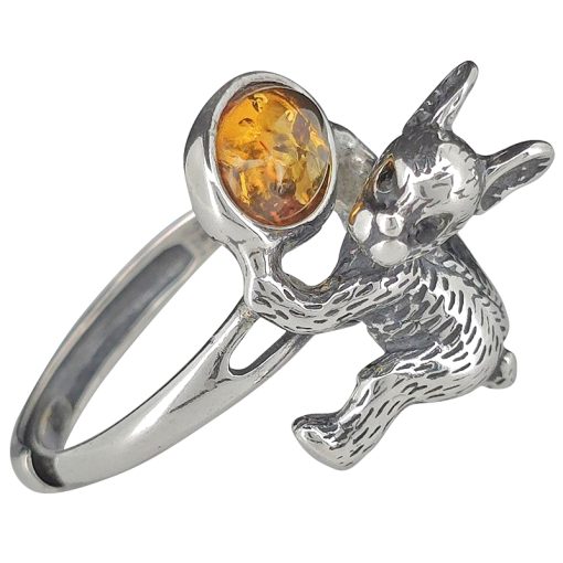 Amber Sterling Silver French Bulldog Adjustable Ring