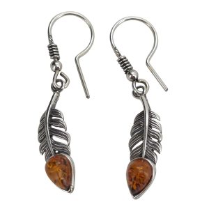 Amber Sterling Silver Feather Earrings On Hooks