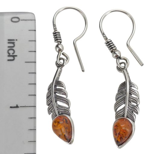 Amber Sterling Silver Feather Earrings On Hooks - Image 3