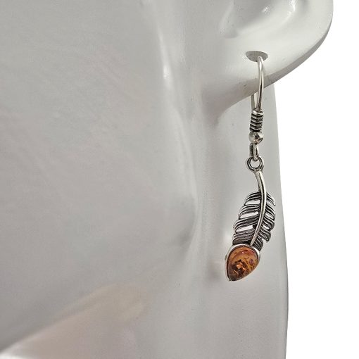 Amber Sterling Silver Feather Earrings On Hooks - Image 2