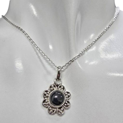 Black Onyx Sterling Silver Flower Pendant - Image 2