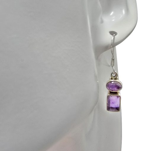 Geometric-Style Amethyst Silver Dangle Earrings - Image 2