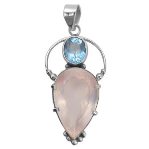 Faceted Rose Quartz/Blue Topaz Sterling Silver Handmade Pendant