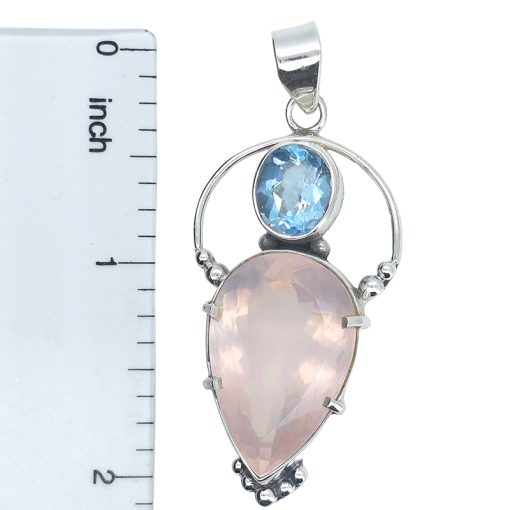 Faceted Rose Quartz/Blue Topaz Sterling Silver Handmade Pendant - Image 3