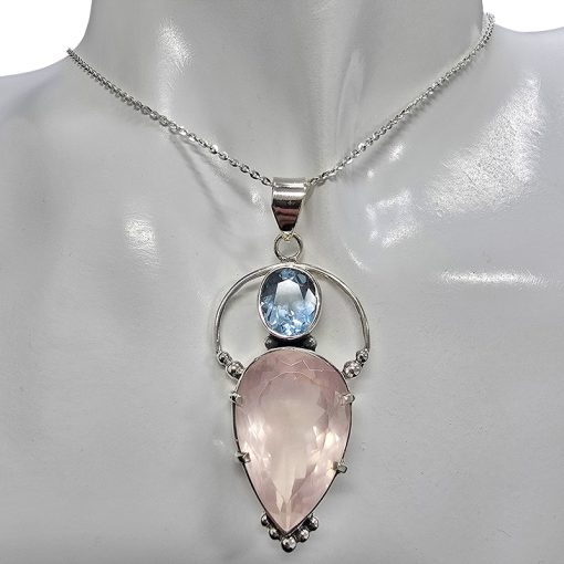Faceted Rose Quartz/Blue Topaz Sterling Silver Handmade Pendant - Image 2